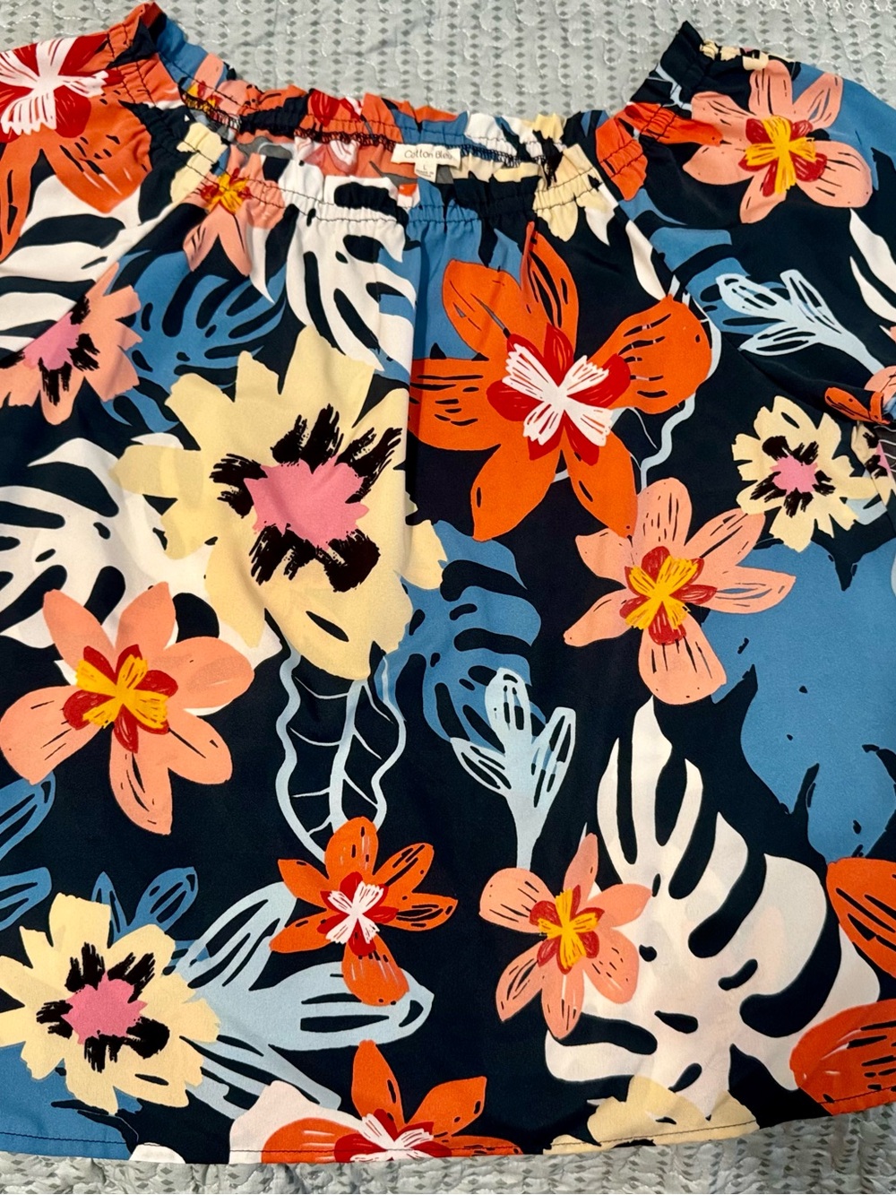 Tropical Floral Off-Shoulder Top and shorts.  - Navy with Coral & Cream Flowers